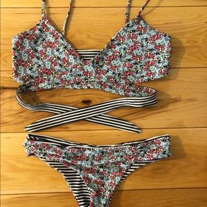 L Space Reversible floral print/stripe bikini set
